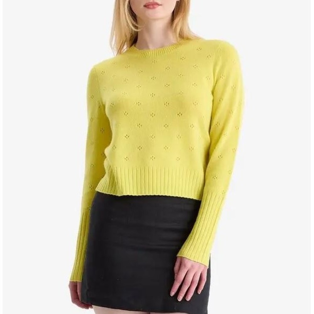 Guest In Residence Women Lime Yellow shrunken pointelle crew sweater SMALL NWT